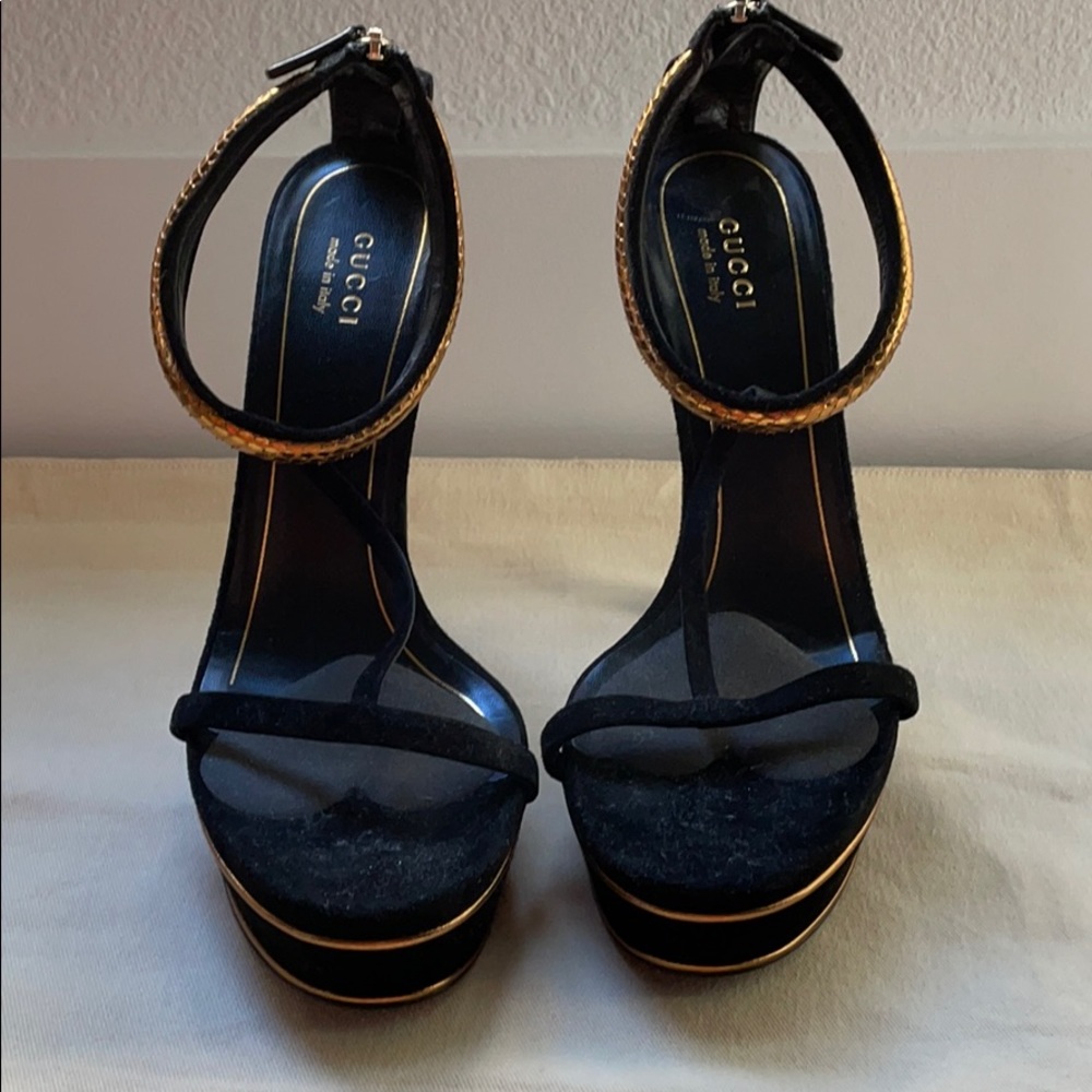 Gucci Black Suede Heels with Gold Snakeskin